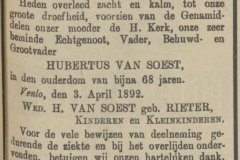 Venloosch weekblad 09-04-1892. Overlijden Hubertus van Soest